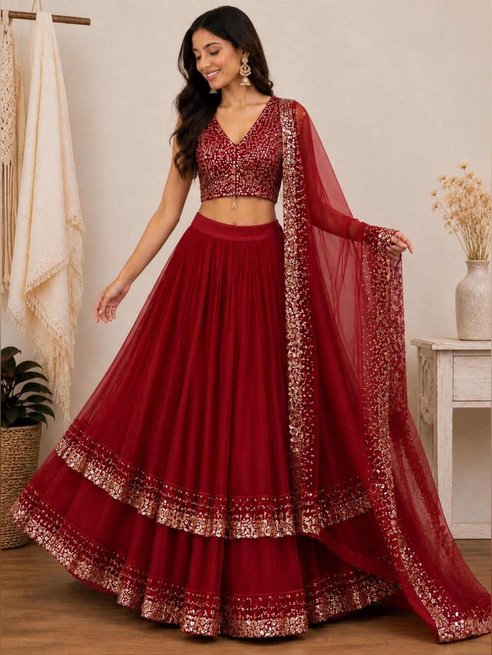 Red Gorgette With Sequined Work Lehenga Choli